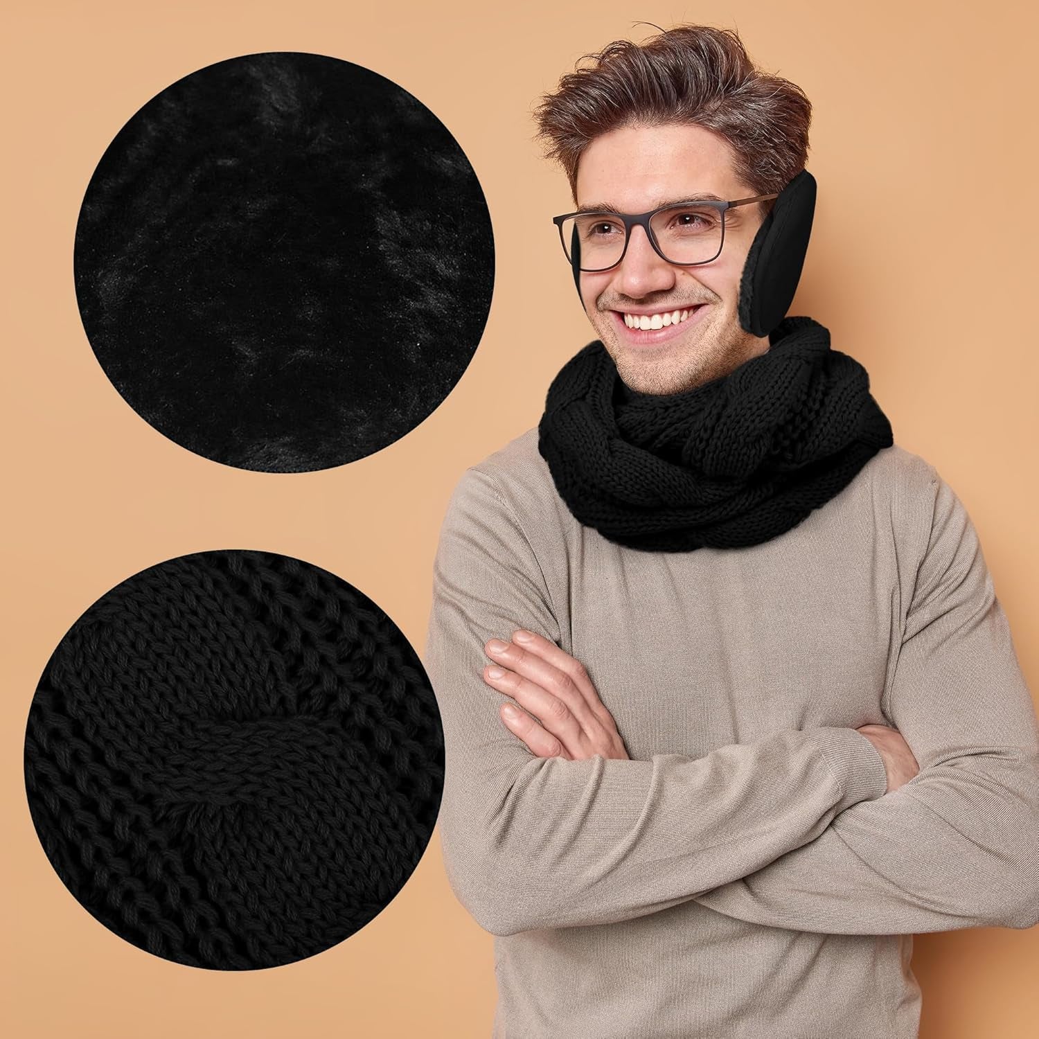 Winter Warm Sets Knitted Scarf Beanie Hat Touch Screen Gloves and Winter Ear Warmer for Men or Women