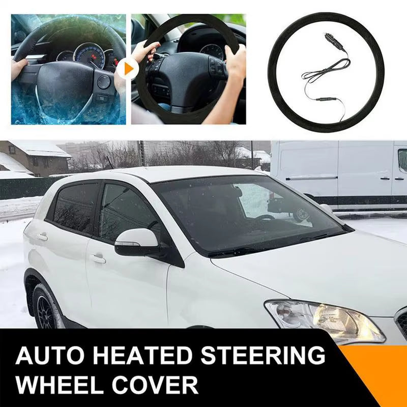 38Cm Car Heated Steering Wheel Cover 12V Heated Auto Steering Wheel Cover Rechargeable Anti-Slip Wheel Protector