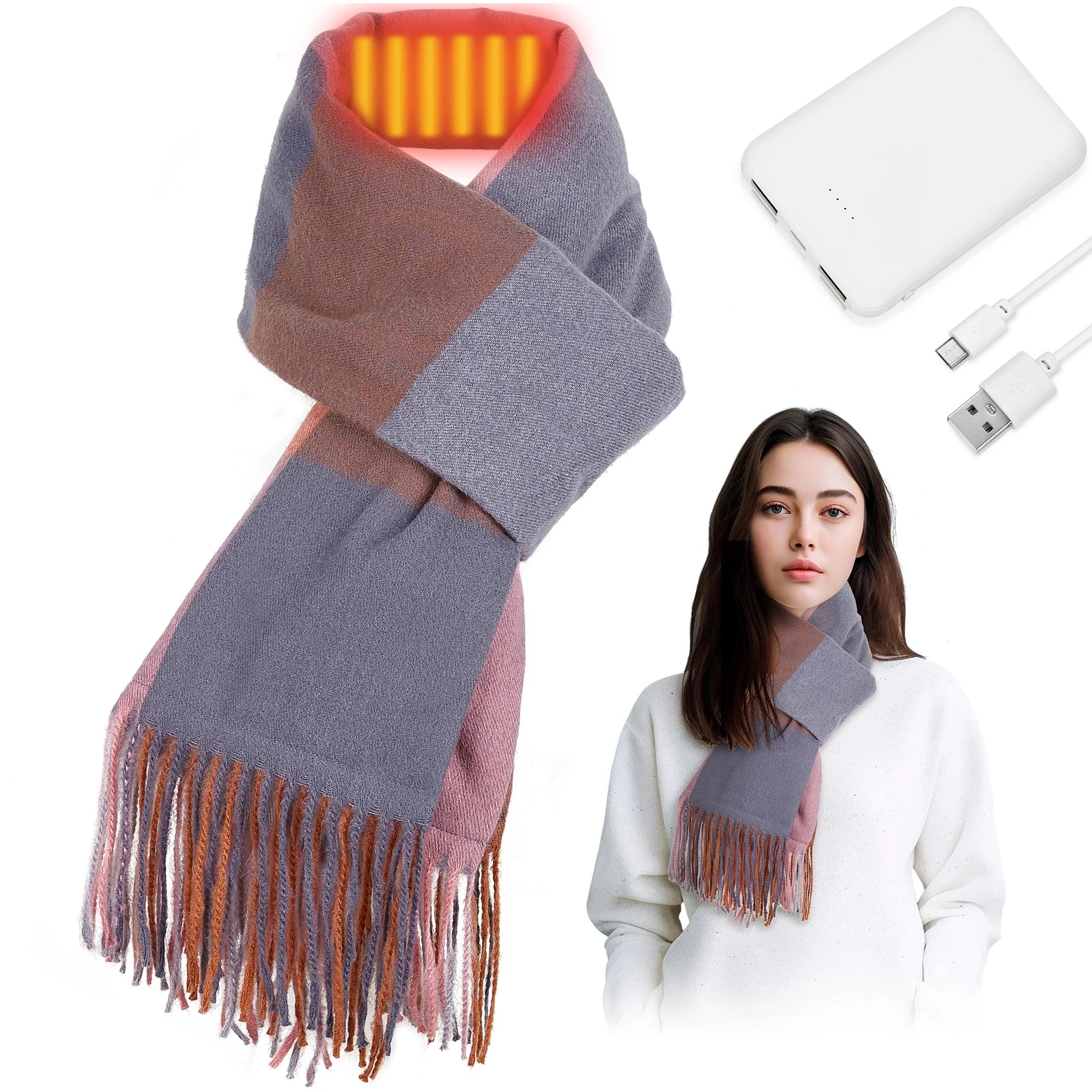 Unisex USB Rechargeable Electric Heated Scarf, Pink Plaid