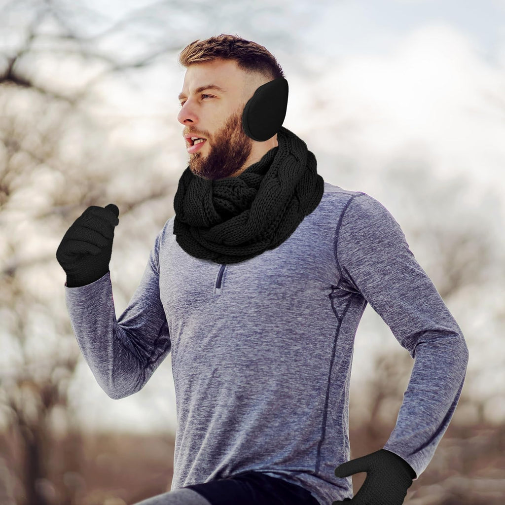 Winter Warm Sets Knitted Scarf Beanie Hat Touch Screen Gloves and Winter Ear Warmer for Men or Women