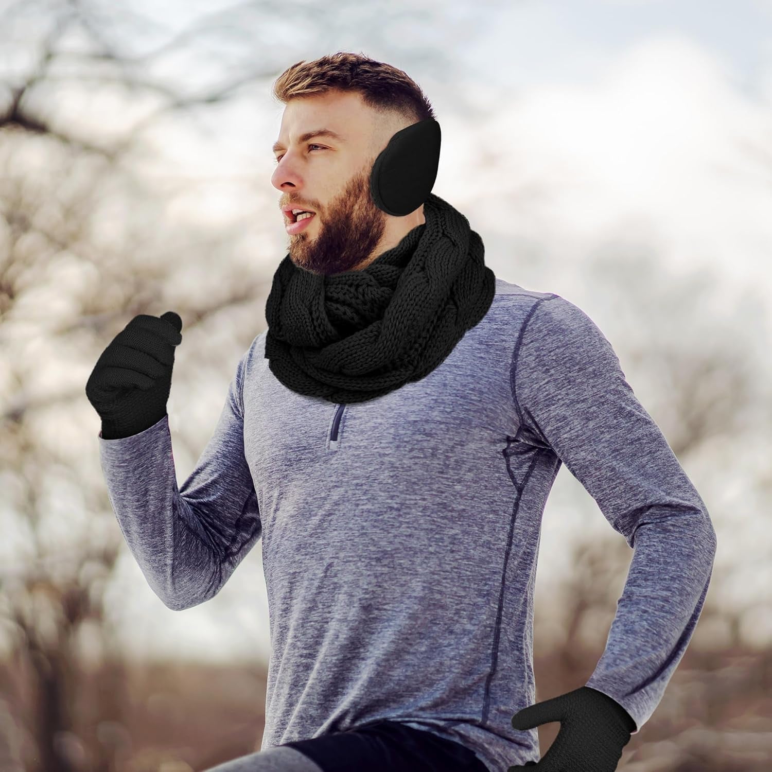 Winter Warm Sets Knitted Scarf Beanie Hat Touch Screen Gloves and Winter Ear Warmer for Men or Women
