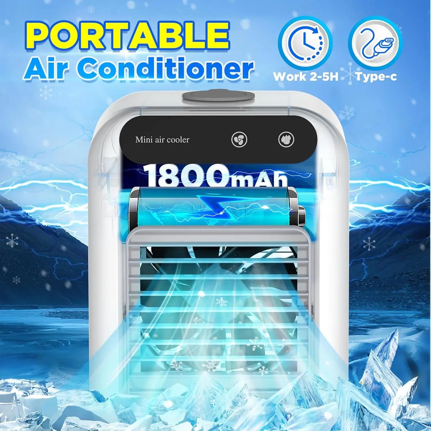 Portable Air Conditioners,3-In-1 Cooling Fan Air Conditioner with 2-Speed,Built-In 1800mah Battery,Air Cooler for Home&Outdoor