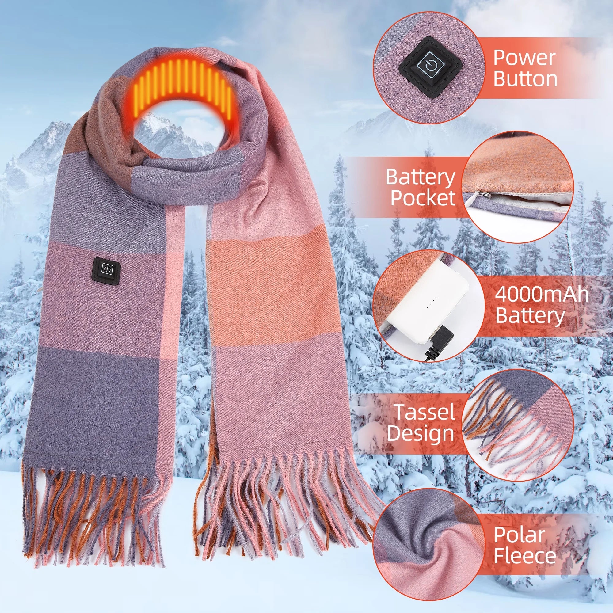 Unisex USB Rechargeable Electric Heated Scarf, Pink Plaid