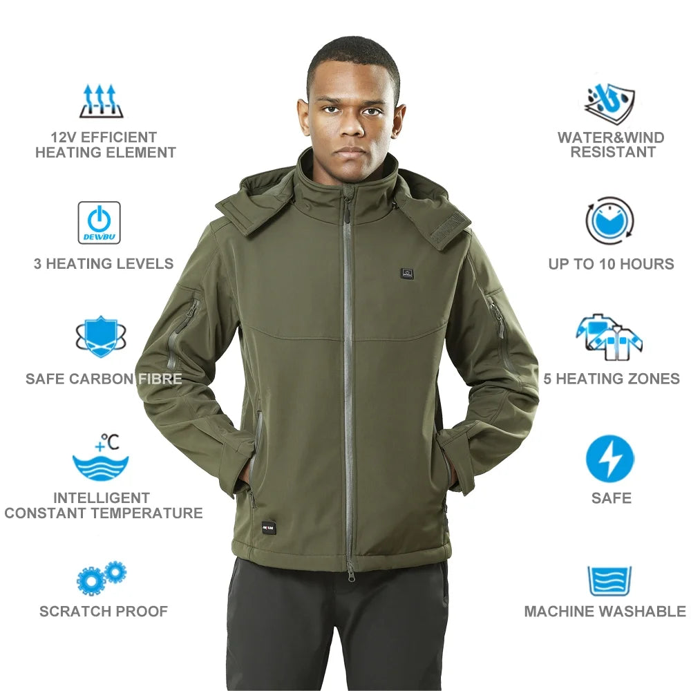 Heated Jacket for Men with Detachable Hood, Soft Shell Heated Coat with 12V Battery Pack, Waterproof Heating Jacket for Winter Outdoor