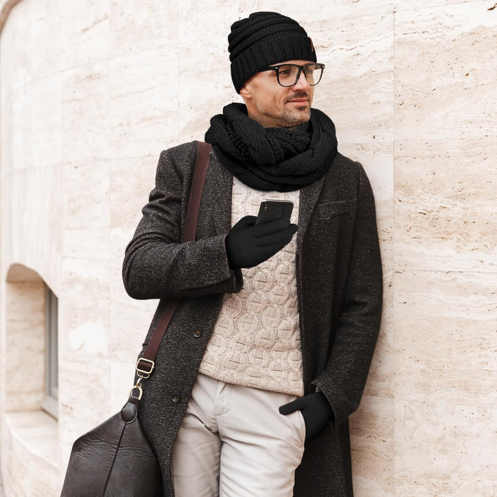 Winter Warm Sets Knitted Scarf Beanie Hat Touch Screen Gloves and Winter Ear Warmer for Men or Women