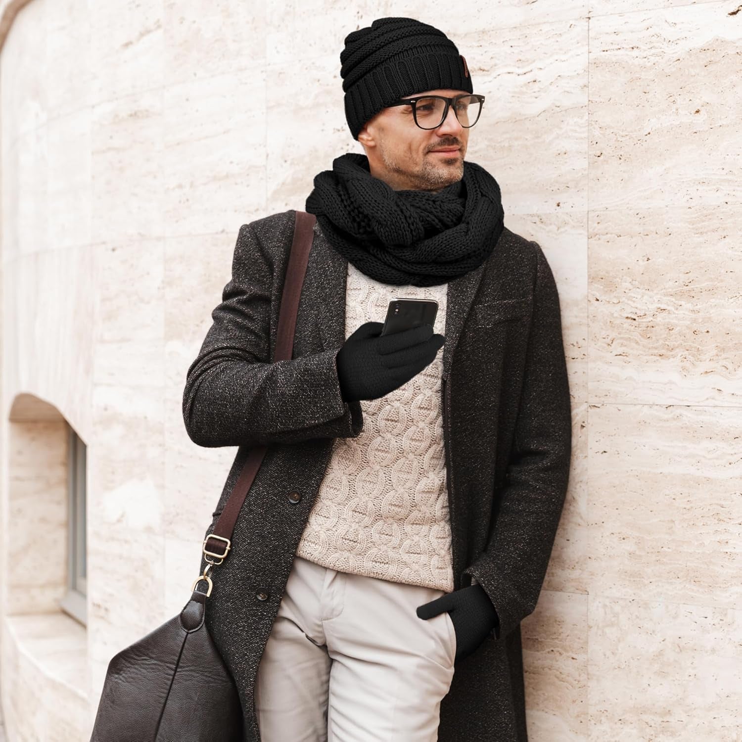Winter Warm Sets Knitted Scarf Beanie Hat Touch Screen Gloves and Winter Ear Warmer for Men or Women