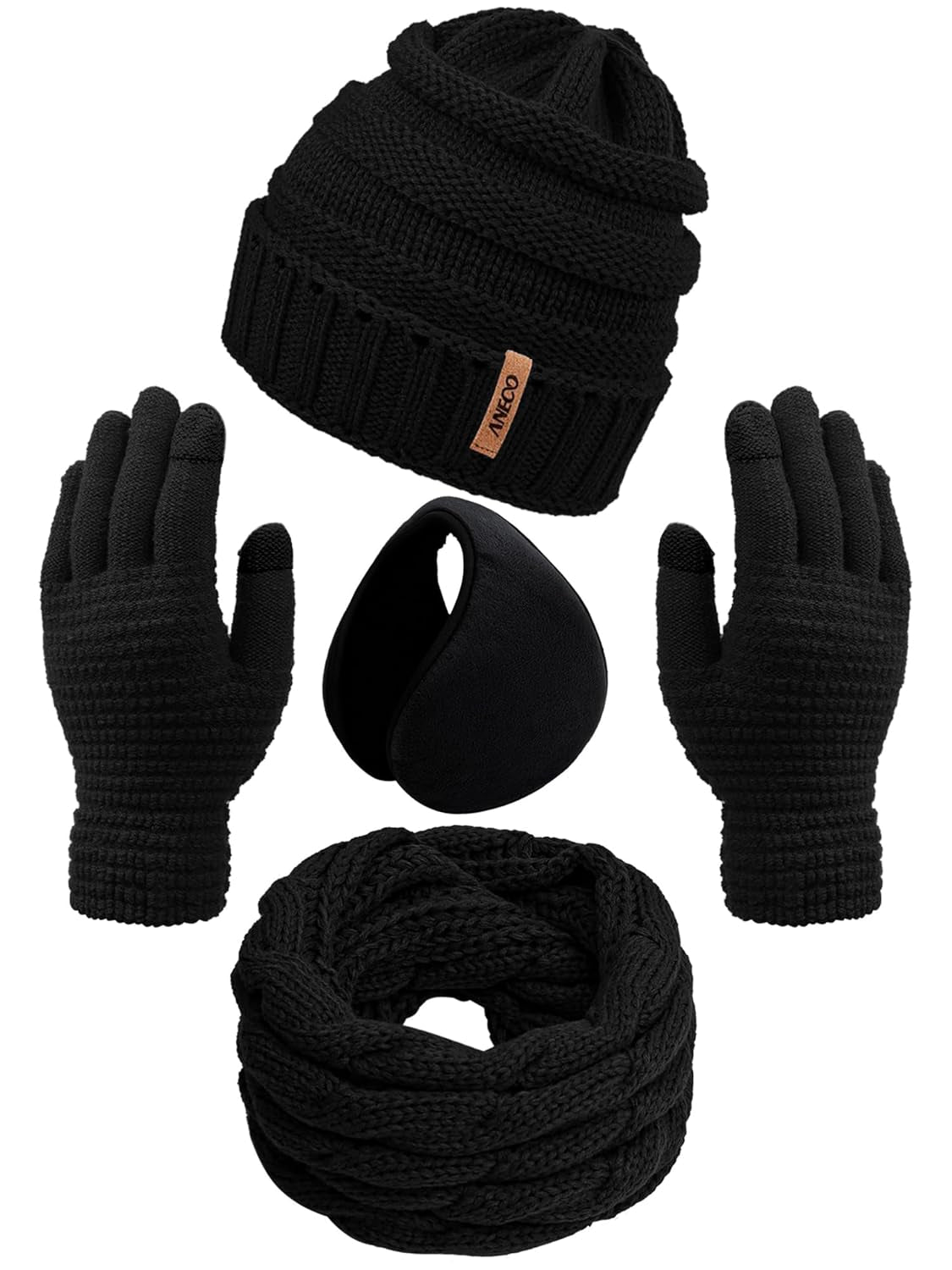 Winter Warm Sets Knitted Scarf Beanie Hat Touch Screen Gloves and Winter Ear Warmer for Men or Women