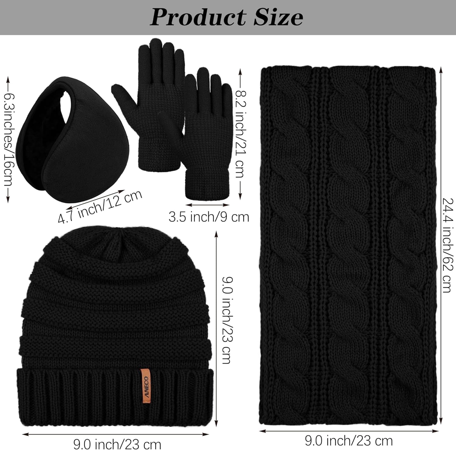 Winter Warm Sets Knitted Scarf Beanie Hat Touch Screen Gloves and Winter Ear Warmer for Men or Women